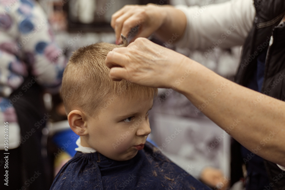 Little boy at the hairdresser. Child is scared of haircuts. Little boy at the hairdresser. Child is scared of haircuts.