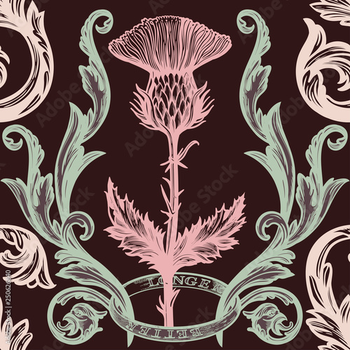 Beautiful bohemian damask seamless ornament with thistle flower.