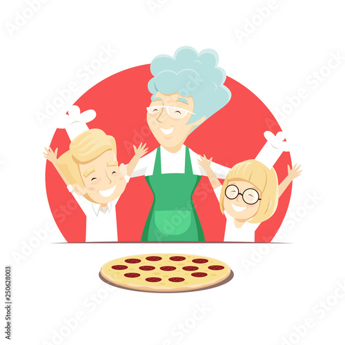 Grandmother with grandchildren bakes Italian pizza