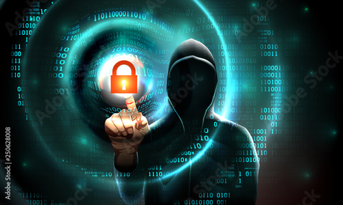 Computer hacker hood touches touchscreen with lock symbol and binary code. Light waves on abstract binary background hacker silhouette. Hacking computer system, database server, data theft, vector