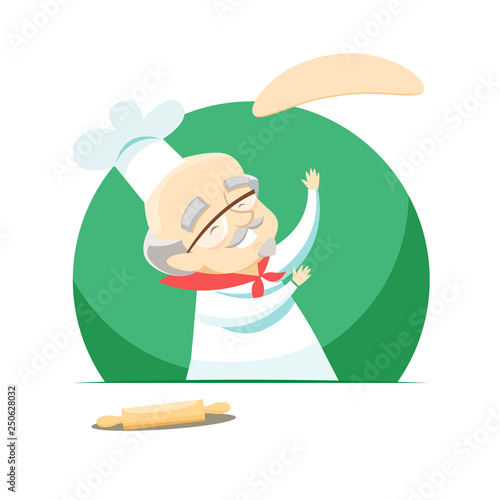 Elderly overweight baker making pizza by tossing dough