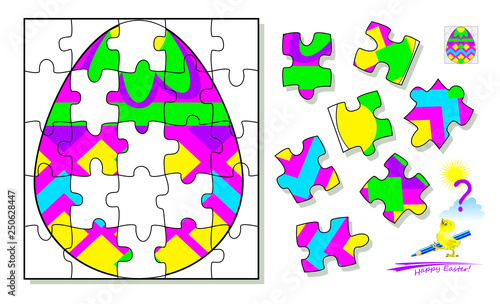 Logic puzzle game. Find and draw missing pieces that corresponds to Easter egg. Printable page for brainteaser book. Developing spatial thinking. Vector  cartoon image.