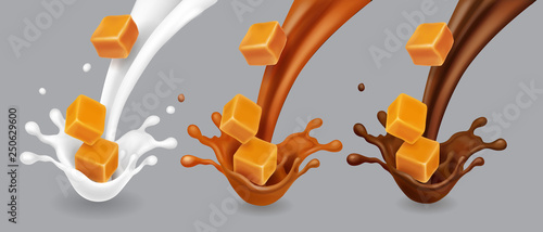 Chocolate, caramel, milk splashes with caramel pieces set