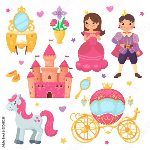 Princess girl and prince boy cartoon set. Royal collection with beautiful carriage  cute castle  adorable pony with pink mane  mirror and vase with flowers. Vector flat illustration for children.