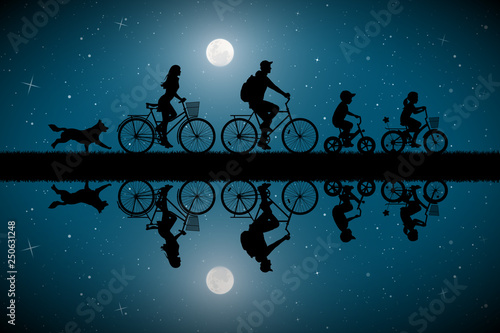 Family on bikes on moonlit night. Active rest of parents with children. Vector illustration with silhouettes of cyclists and running dog in park. Full moon in starry sky
