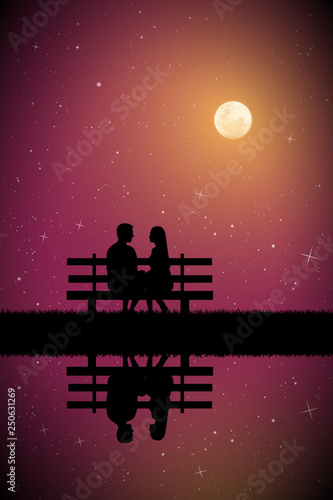 Lovers sitting on bench on moonlit night. Vector illustration with silhouette of loving couple in park. Full moon in starry sky