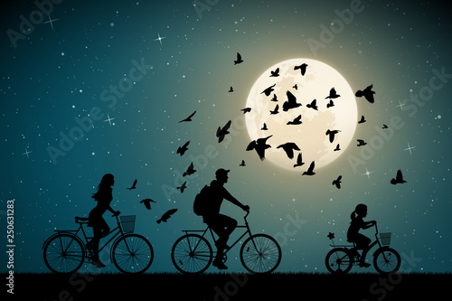 Family on bikes on moonlit night. Active rest of parents with child. Vector illustration with silhouettes of cyclists and flying pigeons in park. Full moon in starry sky