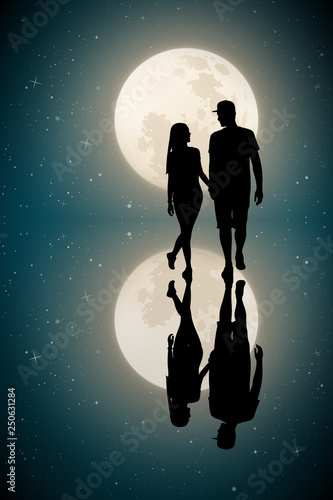 Two lovers walk after rain on moonlit night. Vector illustration with silhouette of loving couple in park. Full moon in starry sky