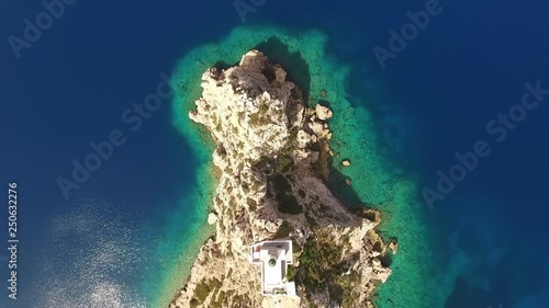 Aerial drone video from archaeological site of Heraion and lighthouse of Melagavi in Loutraki, Greece photo