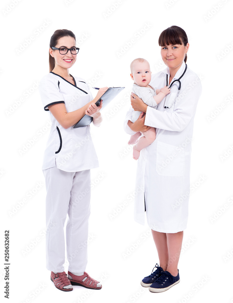 full length portrait of two female doctors pediatricians with little baby patient isolated on white full length portrait of two female doctors pediatricians with little baby patient isolated on white
