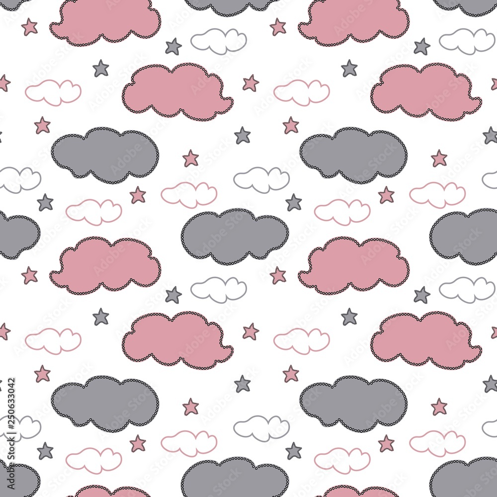 Baby vector seamless pattern. Hand drawn gray and pink clouds and stars on white background. Template for desing, textile, wallpaper, wrapping, cover, web site, card, banner, ceramic tile.