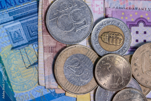 Hungarian Forint banknotes and coins set conception