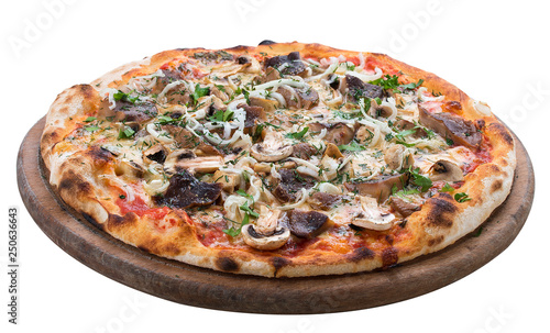 Pizza with mushrooms on a wooden board. On white background.