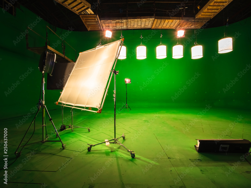 Modern TV Studio Green Screen chroma key background with camera and ...