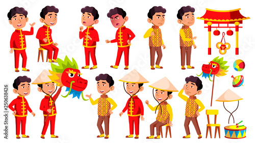 Asian Boy Kindergarten Kid Poses Set Vector. Festival, Dragon. Happy Children Character. Babysitting. For Advertisement, Greeting, Announcement Design. Isolated Cartoon Illustration