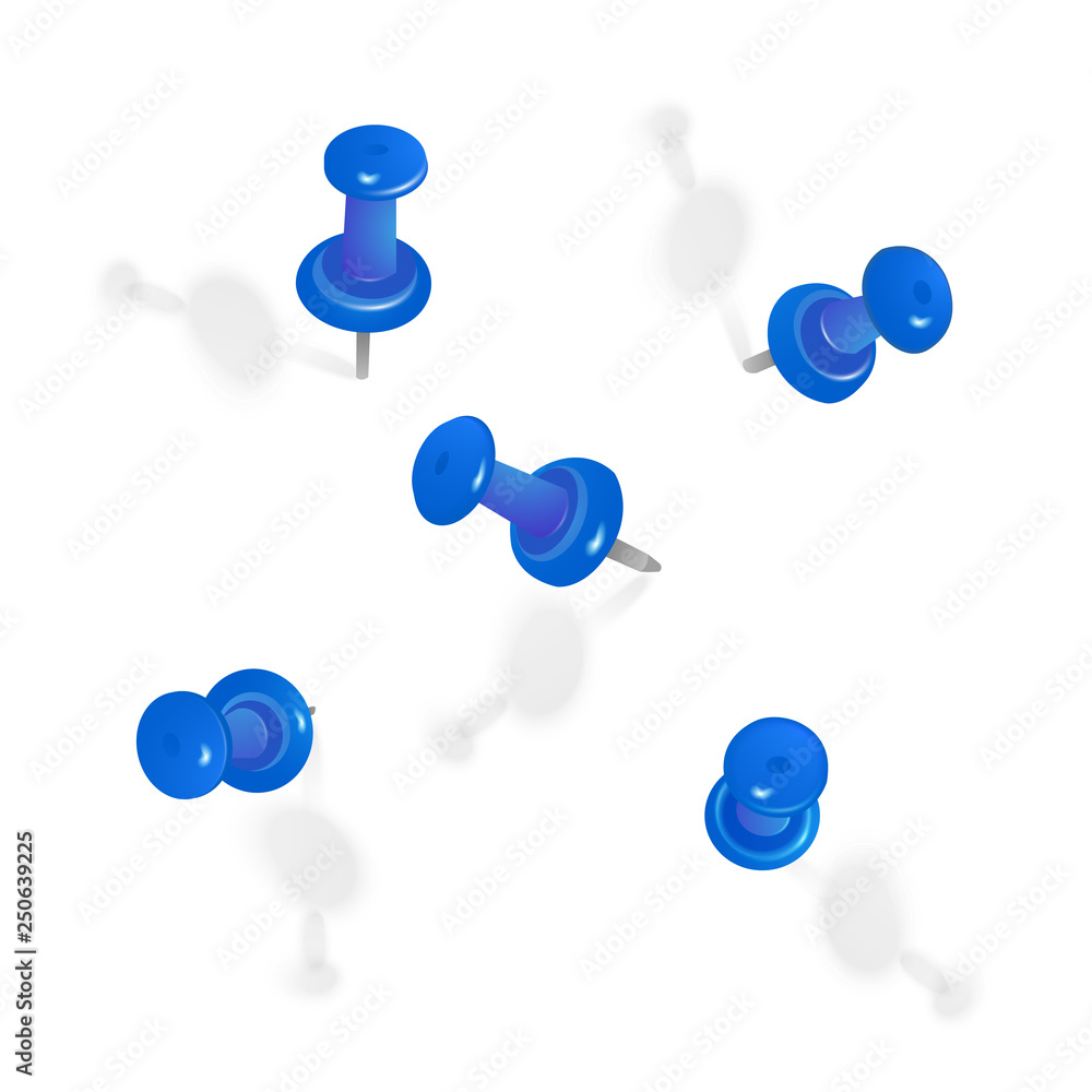 Set of blue push pins in different angles isolated on white background. Vector illustration. Set of blue push pins in different angles isolated on white background. Vector illustration.