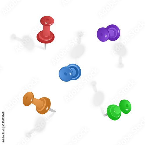 Set of colored push pins in different angles isolated on white background. Vector EPS10 illustration.