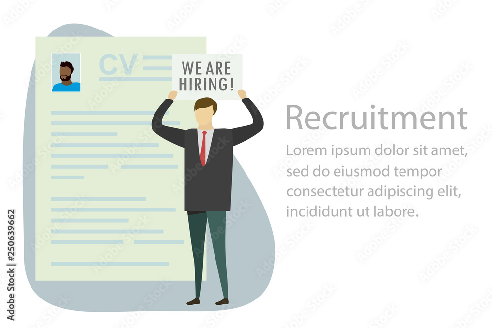 Page with cv,Businessman and plate with text- we are hiring, human resource recruitment concept, Page with cv,Businessman and plate with text- we are hiring, human resource recruitment concept,