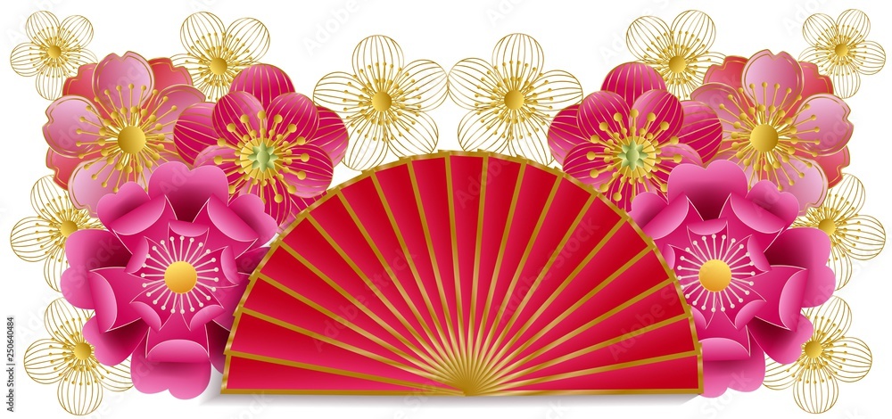 Obraz premium Japan concept poster with cherry blossom and fan in paper cut style -vector