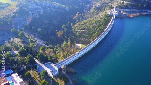 Aerial drone video of famous lake and dam of Marathon or Marathonas, North Attica, Greece photo