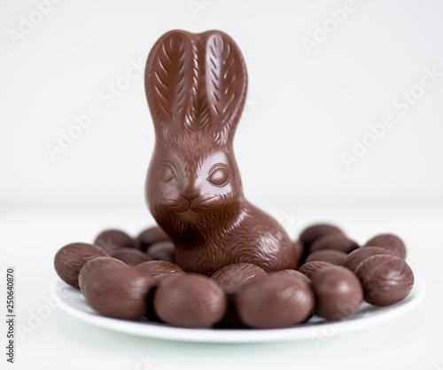 Easter concept - close up of chocolate bunny and candies eggs over white