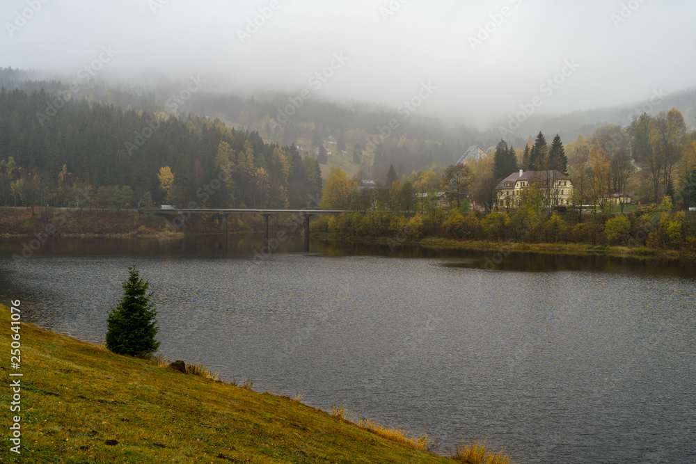 View of Elbe river and surrounding mountains - Giant Mountains (Krkonose). Small town of Spindleruv Mlyn and Labska village. Czech Republic. View of Elbe river and surrounding mountains - Giant Mountains (Krkonose). Small town of Spindleruv Mlyn and Labska village. Czech Republic.