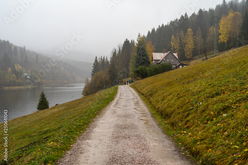 View of Elbe river and surrounding mountains - Giant Mountains (Krkonose). Small town of Spindleruv Mlyn and Labska village. Czech Republic. photo