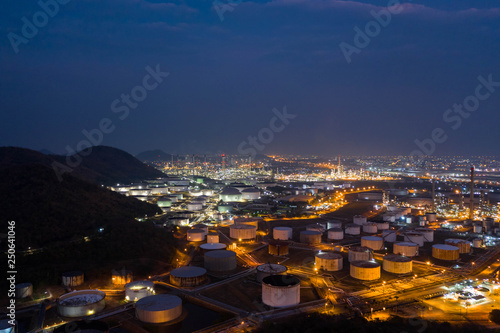 Aerial view. oil refinery factory and Oil industry at twilight. Petrochemical Industrial.