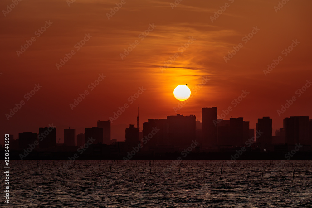 夕暮れの東京湾、ヘリコプターが夕日にキッス