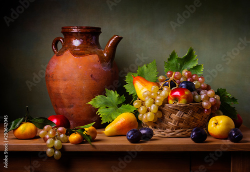 Still life with apple, grapes, pears and plums