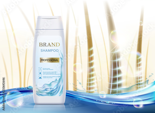 White plastic packaging with hair shampoo. Background with human hair
