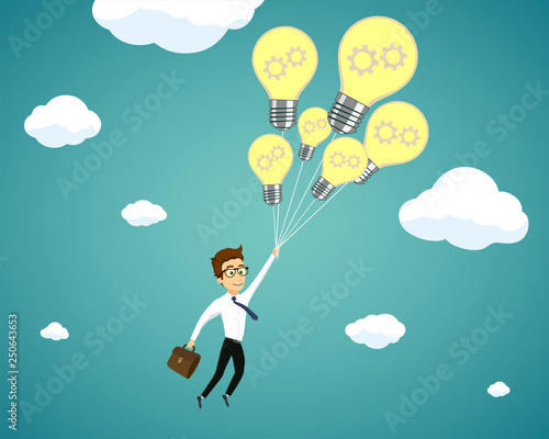 Businessman flying on light bulbs. Creativity and development in business.