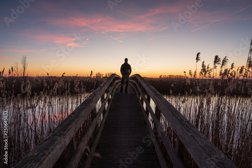 Man on a small bridge enjoying a tranquil dusk in Holland.