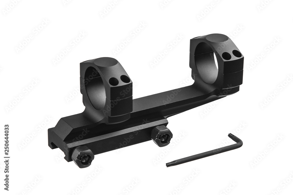 Quick disconnect mount made for holding a scope on a rifle isolated on white back. Quick Release Sniper Cantilever Scope Mount. Quick disconnect mount made for holding a scope on a rifle isolated on white back. Quick Release Sniper Cantilever Scope Mount.