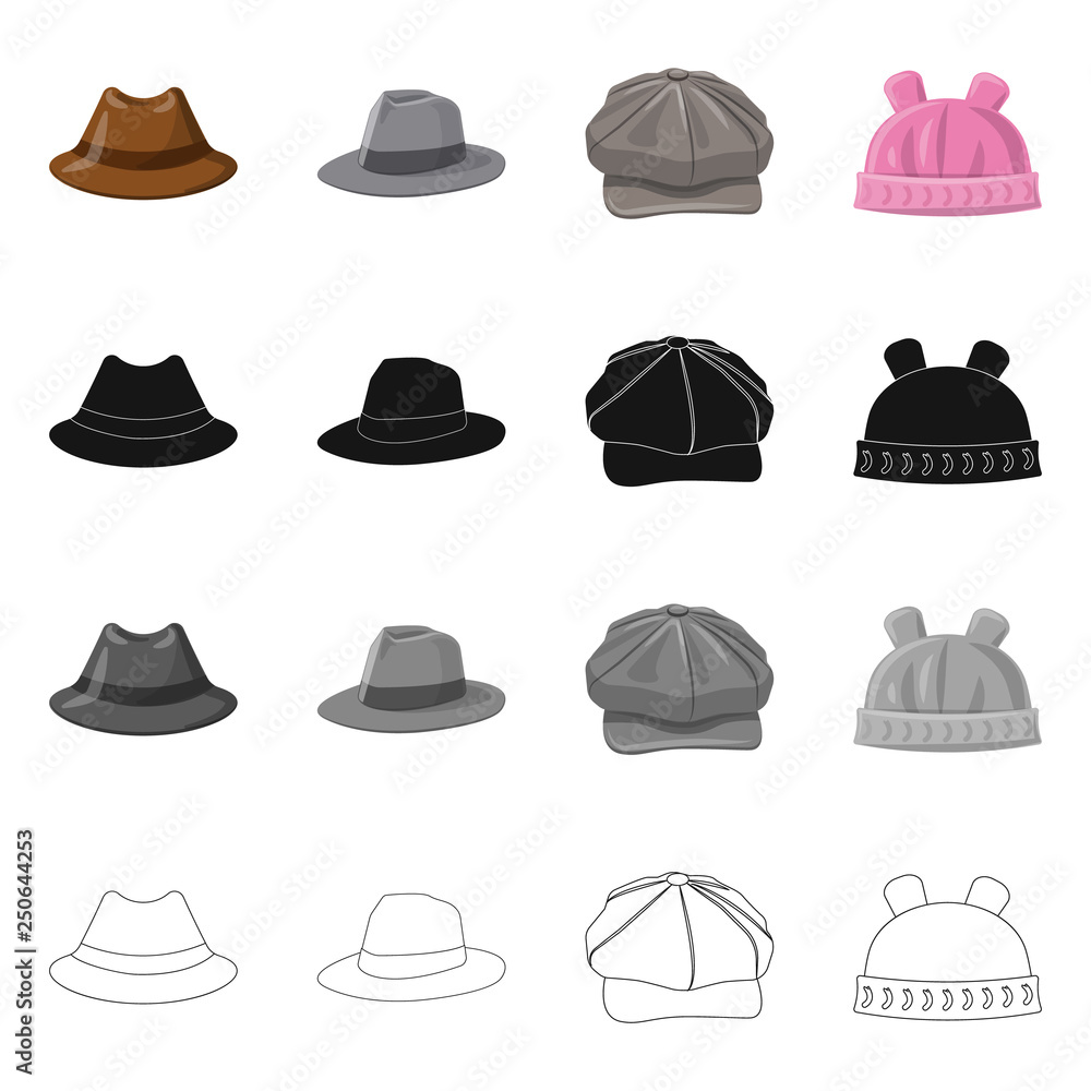 Vector design of headgear and cap logo. Set of headgear and accessory stock vector illustration. Vector design of headgear and cap logo. Set of headgear and accessory stock vector illustration.