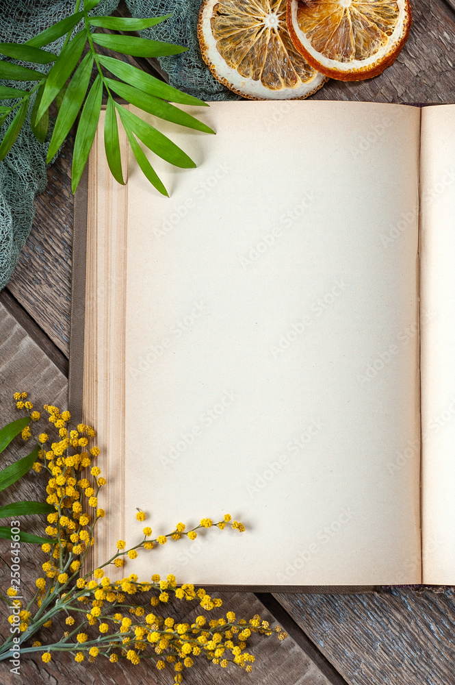 Half Open Book With Blank Pages On An Old Wooden Table In Spring Design.  Photography For Your Design. Stock Photo | Adobe Stock