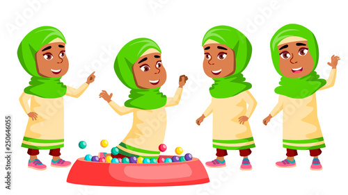 Arab, Muslim Girl Kindergarten Kid Poses Set Vector. Active, Joy Preschooler Playing. For Presentation, Print, Invitation Design. Isolated Cartoon Illustration