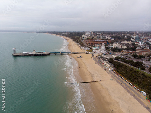 Aerial photo of the beautiful beach of Bournemouth showing the famous Bournemouth pier