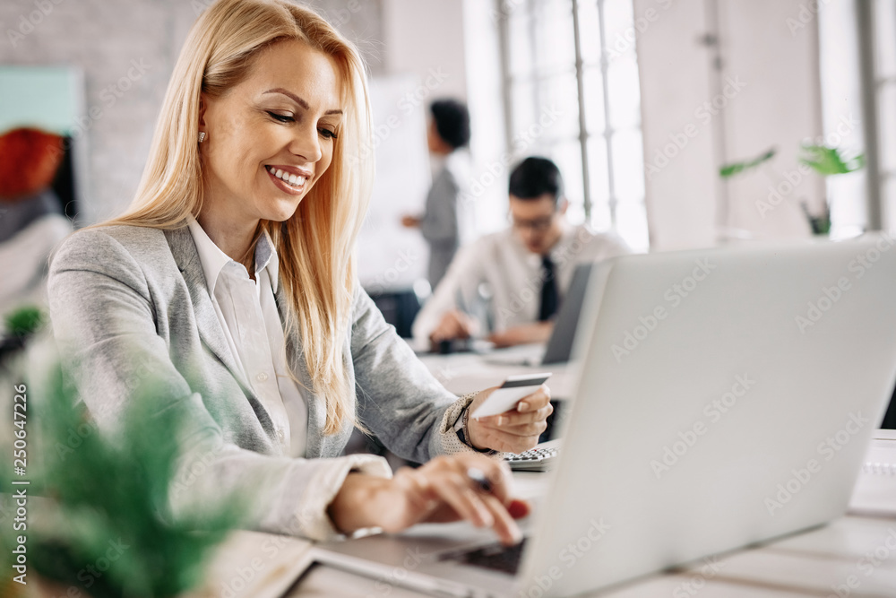 Happy businesswoman shopping on the Internet while being at work. Happy businesswoman shopping on the Internet while being at work.