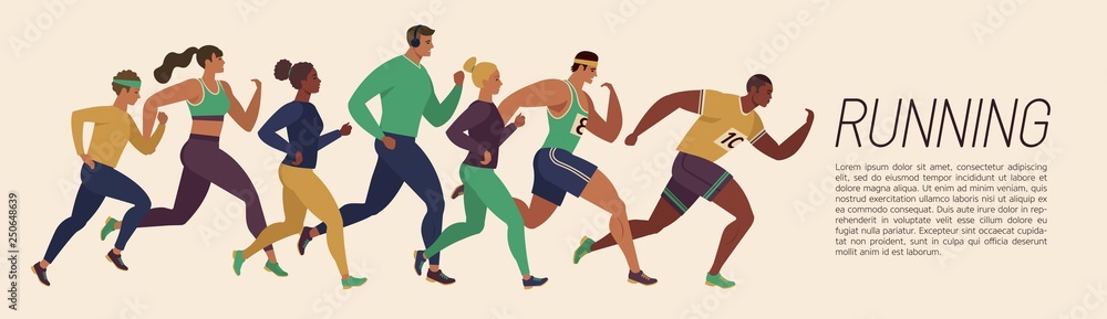 Jogging people. Runners group in motion. Running men and women sports background. People runner race, training to marathon, jogging and running illustration.