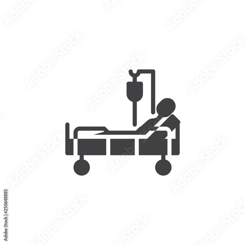 Hospital bed with patient blood transfusion vector icon. filled flat sign for mobile concept and web design. Clinical bed with person hospitalized glyph icon. Symbol, logo illustration.