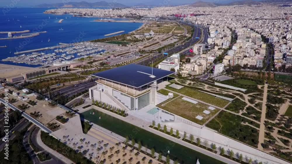Aerial birds eye view video taken by drone of public settlement of Stavros Niarchos foundation and cultural center, Attica, Greece Aerial birds eye view video taken by drone of public settlement of Stavros Niarchos foundation and cultural center, Attica, Greece