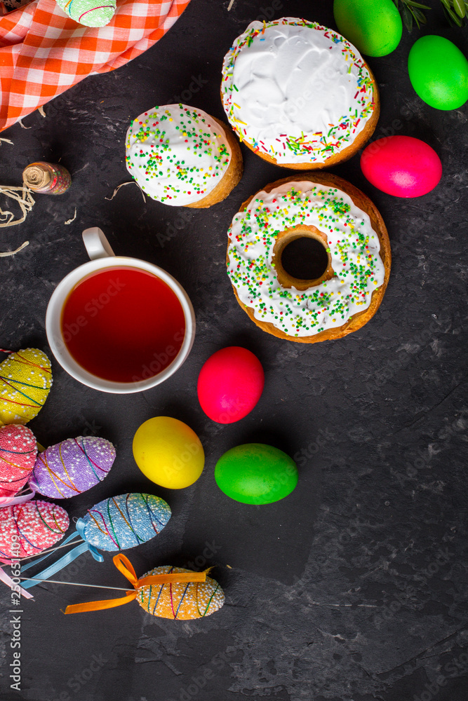 easter cake and easter eggs, traditional holiday design (happy easter!). top view. food background easter cake and easter eggs, traditional holiday design (happy easter!). top view. food background