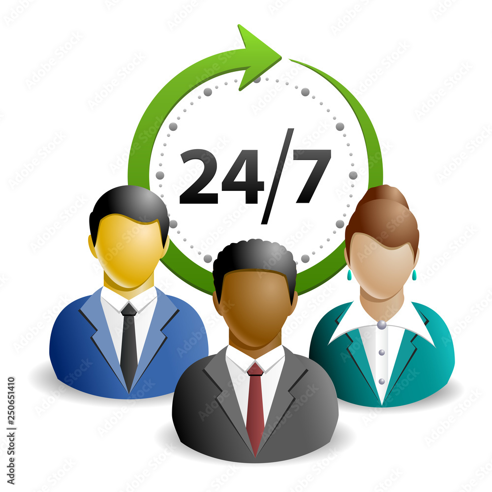 Support team or group - around the clock or 24 hours a day and 7 days a week icon Support team or group - around the clock or 24 hours a day and 7 days a week icon