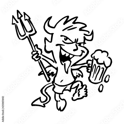 Devil boy dancing with beer and pitchfork, black and white drawing