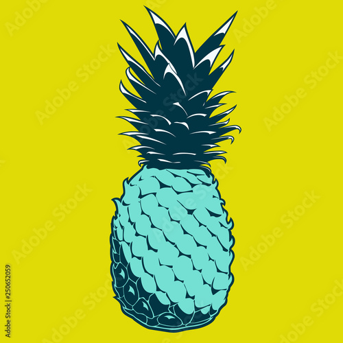 cyan pineapple on yellow background in popart style