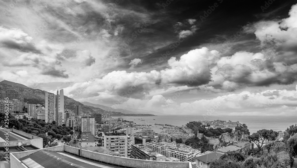 Montecarlo, France. Aerial city view from Exotic Gardens at sunset