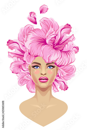 Girl head flowers on a white background 