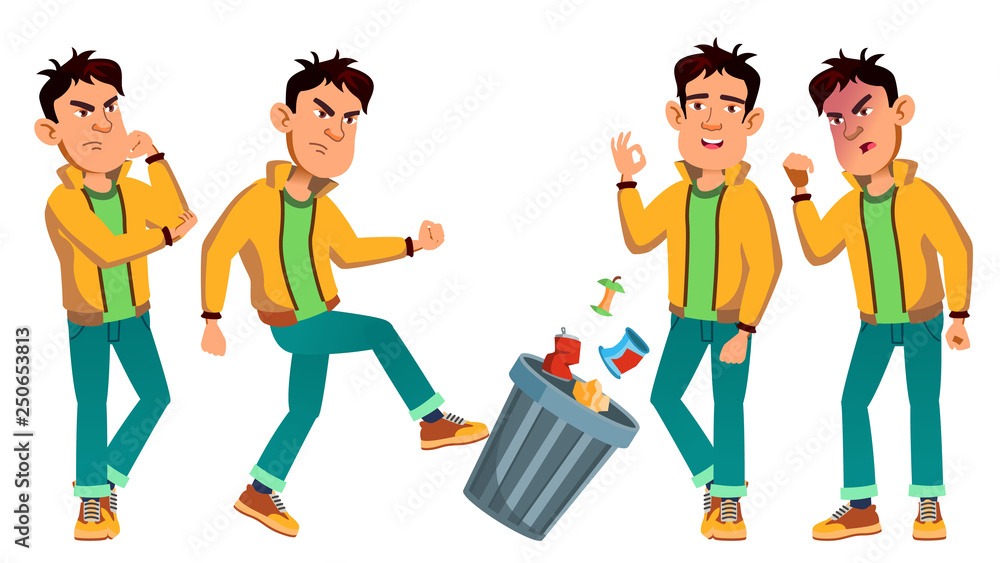 Asian Bad Boy Kid Poses Set Vector. High School Child. Life, Emotional, Pose. For Web, Brochure, Poster Design. Isolated Cartoon Illustration Asian Bad Boy Kid Poses Set Vector. High School Child. Life, Emotional, Pose. For Web, Brochure, Poster Design. Isolated Cartoon Illustration