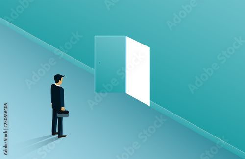 businessman standing in front of open door with bright light.  business success concept. creative idea. leadership. startup. illustration cartoon vector